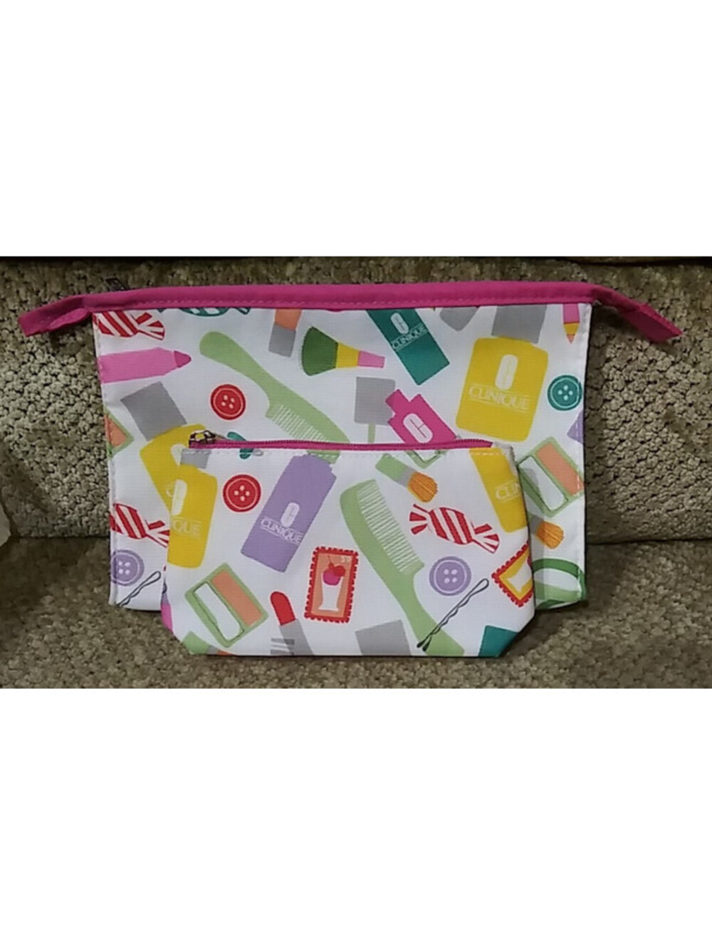 CLINIQUE MAKE-UP BAG PASTEL COSMETIC PRINT 2PC MATCHING SET